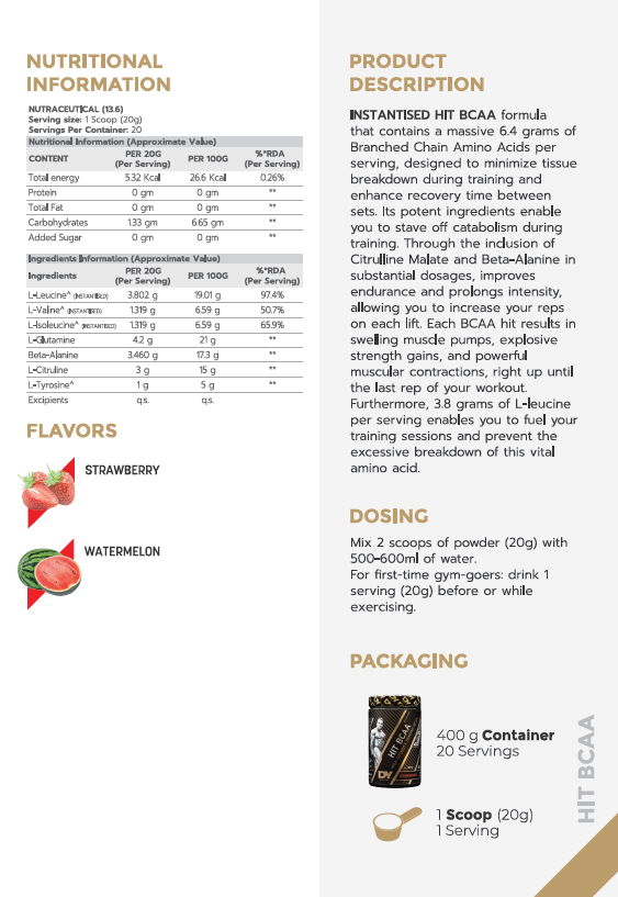 INSTANTISED HIT BCAA 400g, 20 Servings, for endurance and efficiency, consume before or while exercising or during the game.