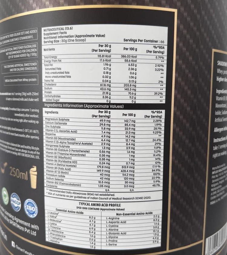 Whey Protein Shadowhey 2Kg, 66 Servings, to maximise performance. Comes with 21.18g of high quality protein per scoop for enhanced recovery times during exercise. Rapidly digestible & perfect post workout or convenient source of protein during the day.