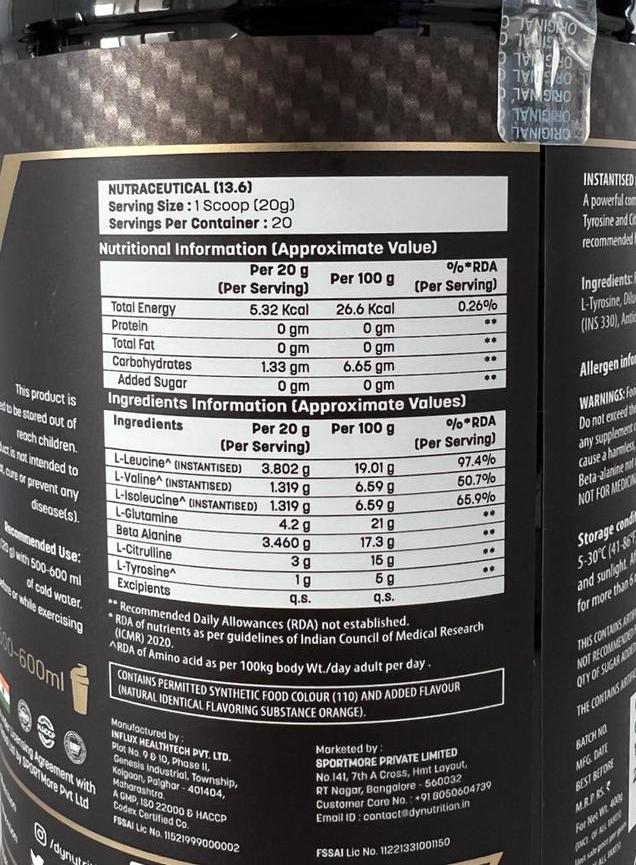 INSTANTISED HIT BCAA 400g, 20 Servings, for endurance and efficiency, consume before or while exercising or during the game.