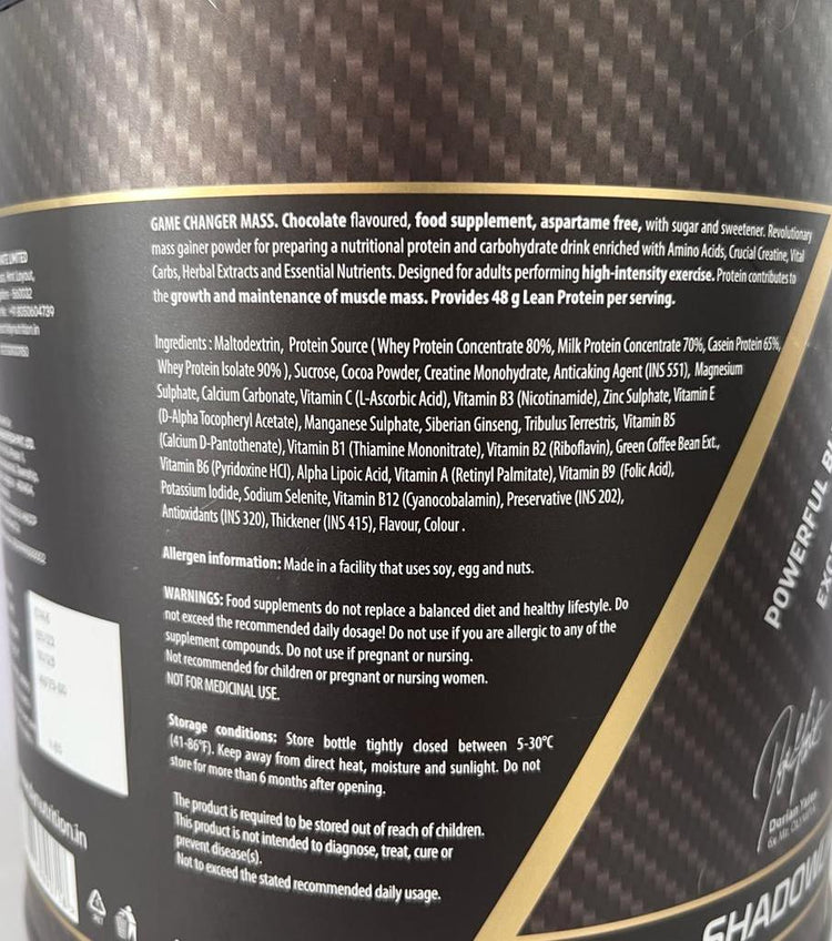 Mass Gainer Game Changer Mass 3Kg, 20 Servings, for muscle and strength building. Consume after workout or walk in the morning or in-between meals. Highly advisable for people having difficulty gaining muscle mass.