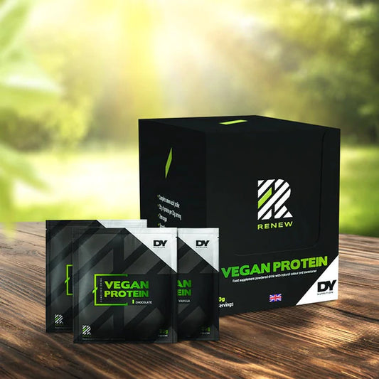 Renew Vegan Protein, 990g Box, 30 Sachets/Servings, Extracted from Pea easy to absorb form of protein. Renew vegan has 83% Pea protein for muscle growth 9 EAA's and 3 BCAA's to assist lean muscle mass. Consume after exercise or game.
